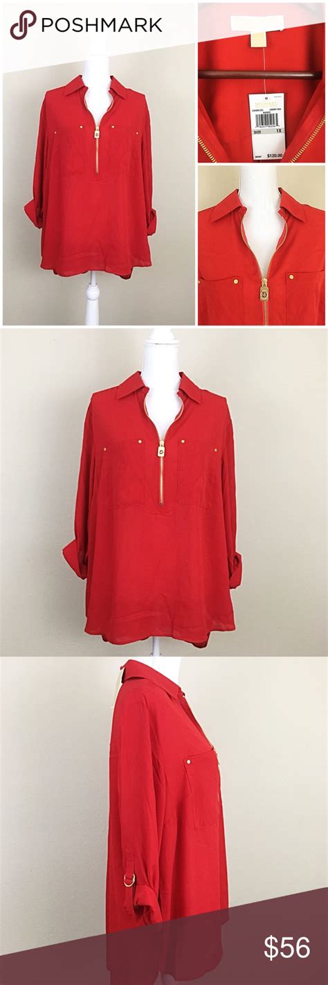 Nwt Michael Kors Red With Gold Blouse Size 1x Gold Blouse Red