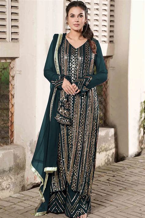 Embroidered Faux Georgette Sharara Suit In Teal Green Ucchal Fashion