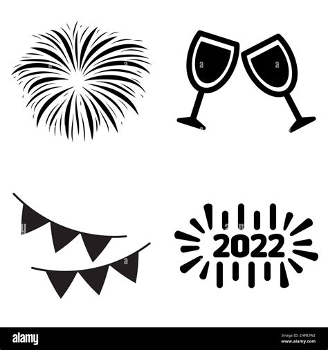 New Year Icon Set Outline And Silhouette Symbol Collection Stock