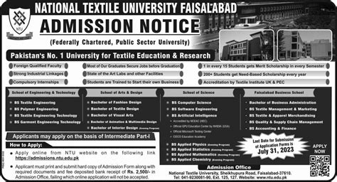 National Textile University Faisalabad Bs Bba And Bachelor Admissions 2023 2024 Government