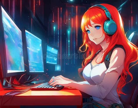 Sensual And Seductive Anime Gamer Woman With Red Hair Stunning