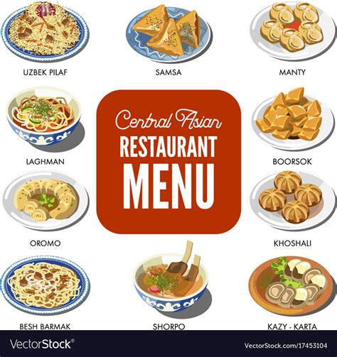 Central Asian Food Cuisine Traditional Dishes Vector Image