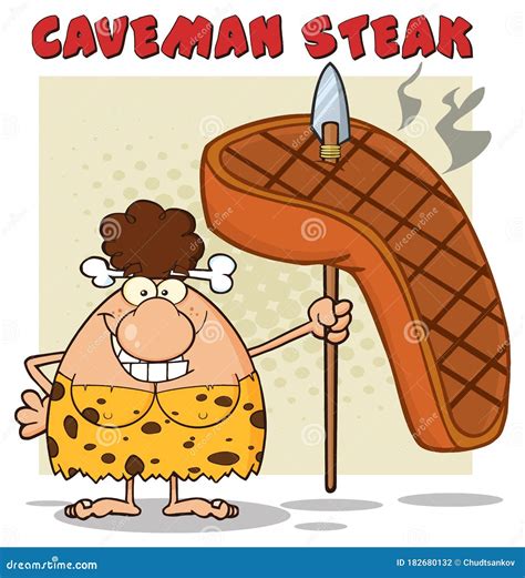 Smiling Brunette Cave Woman Cartoon Mascot Character Holding A Spear