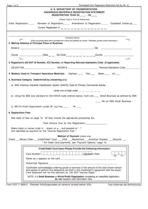 Hazardous Materials Registration Statement Form Us Department Of