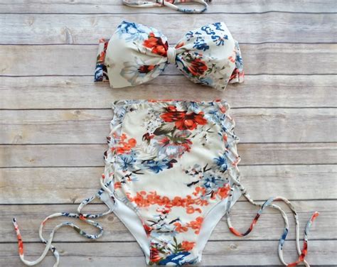 Bow Bandeau Bikini High Waisted Pin Up Swimwear Pretty Etsy