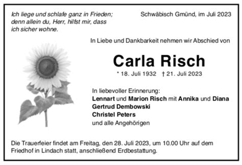 Traueranzeigen Von Carla Risch Trauerde