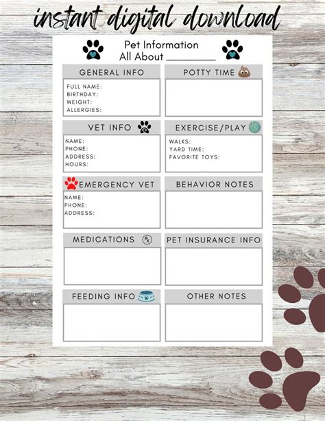 Printable Pet Care Information Sheet Pet Care Instructions Etsy