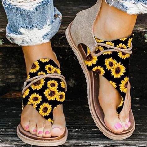 Yanhoo Roman Sandals For Women Sunflower Print Gladiator Flat Slipper