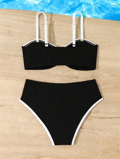 Shein Tween Girl Bathing Suits Retro Elegant Black And White Contrast Bikini Set Suitable For