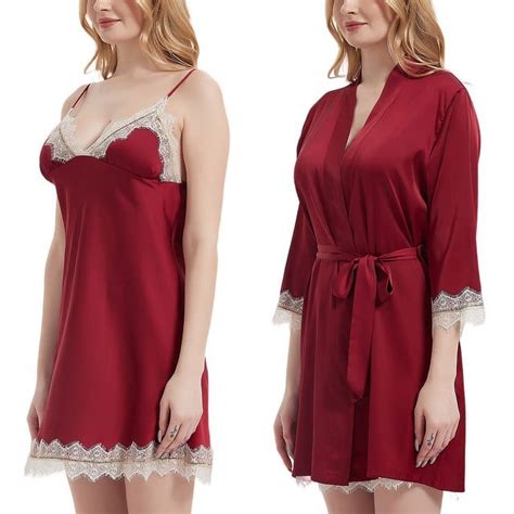 Uncia Active Womens Lingerie Set Pcs Lace Trim Chemise Babydoll Sleepwear With Kimono Robe