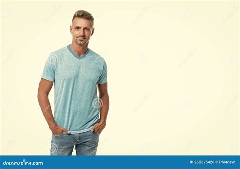 Happy Handsome Caucasian Man Smiling In Casual Style Holding Hands In