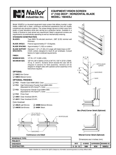 Fillable Online Submittal Model Esj Equipment Vision Screen