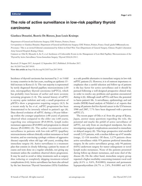 Pdf The Role Of Active Surveillance In Low Risk Papillary Thyroid