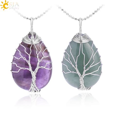 Csja Couleur Or Arbre De Vie Pendentif Pierre Naturelle Gem Fil Enroul