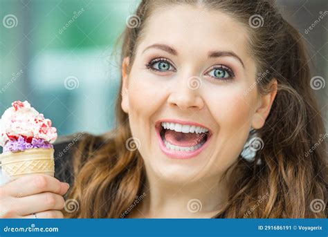 Young Woman Eating Ice Cream Stock Image Image Of Icecream Portrait