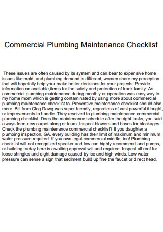 Sample Plumbing Maintenance Checklist In Pdf