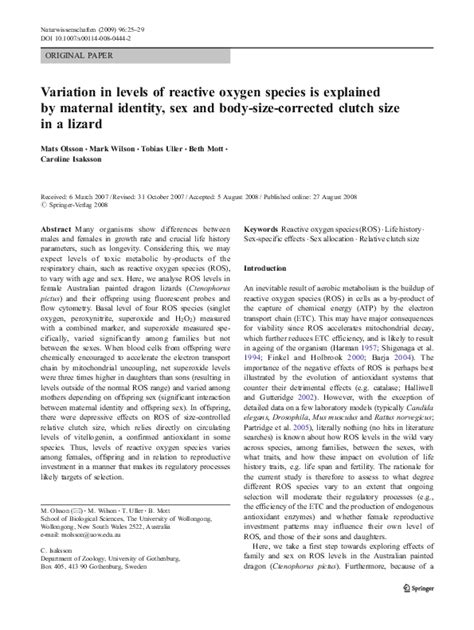 Pdf Variation In Levels Of Reactive Oxygen Species Is Explained By