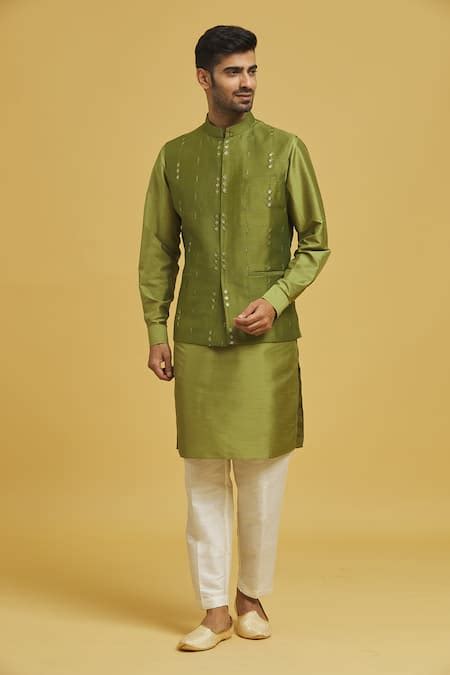 Buy Green Cotton Silk Embroidered Thread Sequin Bundi And Kurta Set For