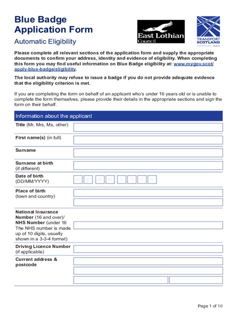 Fillable Online Blue Badge Application Form Automatic Eligibility Fax