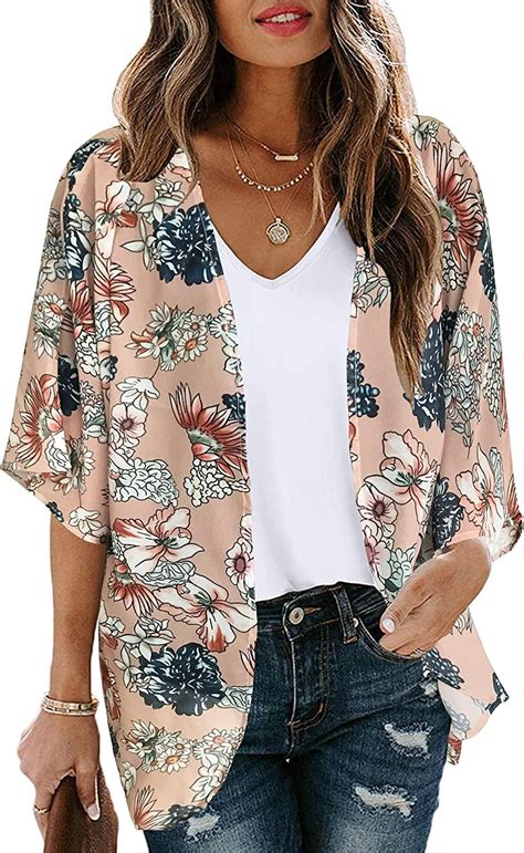 Women S Floral Print Puff Sleeve Kimono Cardigan Loose Cover Up Casual