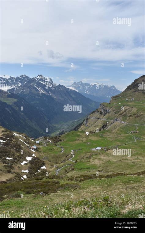 Stunning Mountain Panorama View At Klausenpass In Switzerland Stock