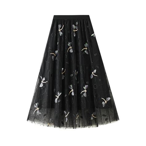 Tulle Midi Skirt For Women Elastic High Waist Flowy Long Shirring