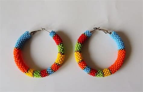 Beaded Colorful Hoop Earrings Native Color By LoraMarMagic