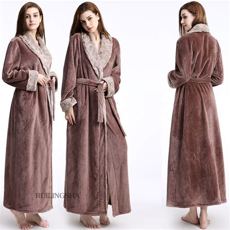 Women Men Fur Neck Thick Warm Long Flannel Bathrob Grandado