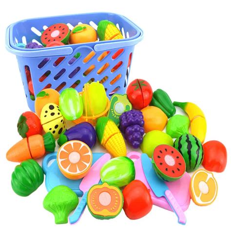 23Pcs Set Plastic Fruit Vegetables Cutting Toy With Basket Kitchen