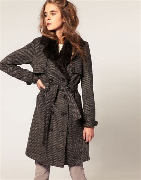 Asos Collection Asos Trench Coat With Faux Fur Collar In Gray Mink Lyst