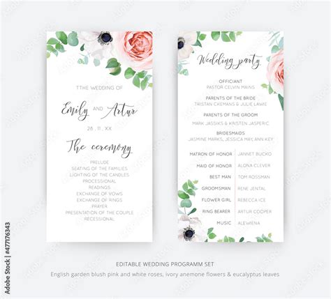 Editable floral vector wedding and ceremony program card set. Beautiful ...