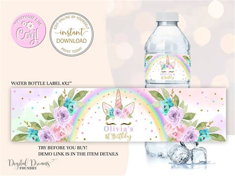 Editable Rainbow Unicorn Water Bottle Label Printable Magical Unicorn Birthday Party Table