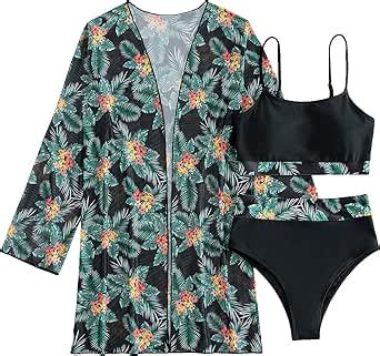 Amazon Floerns Women S Piece Bathing Suit Tropical Print Bikini Set With Kimono Cover Up