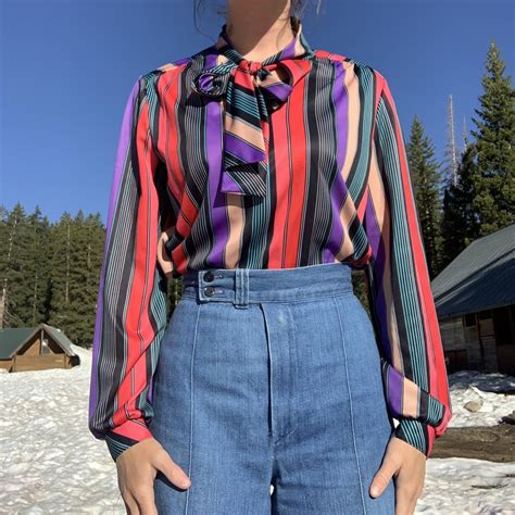 Vintage S Devon Pussy Bow Blouse Vertical Striped Depop