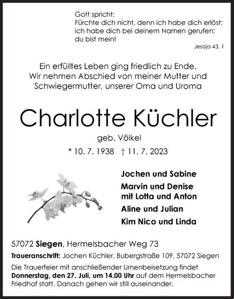 Traueranzeigen Von Charlotte K Chler Trauer De