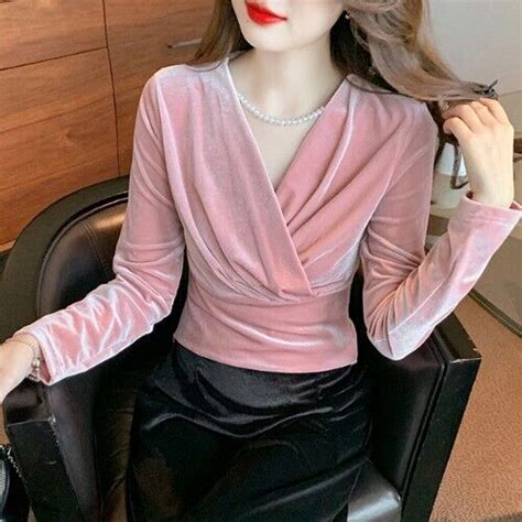 Womens Velvet V Neck Long Sleeves T Shirt Slim Fit Fashion Short Blouse Tops Tee Ebay