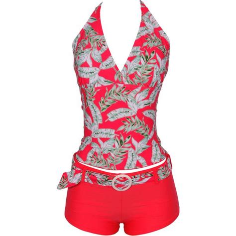 Vintage Tropical Leaves Print Tankini Swimsuit Bathing Suit Top 30