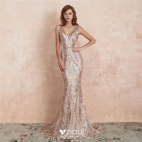 Elegant Champagne Sequins Evening Dresses 2020 Trumpet Mermaid Deep V