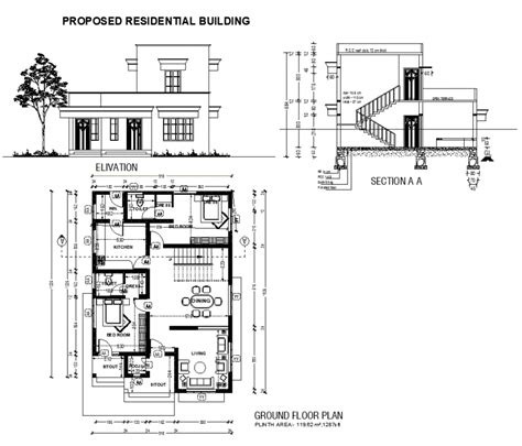 Housing Building Structure Detail Plan Elevation And Section 2d View