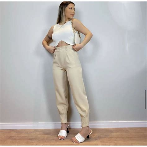 Calça Cenoura em alfaiataria Nude Bege e Caramelo Shopee Brasil