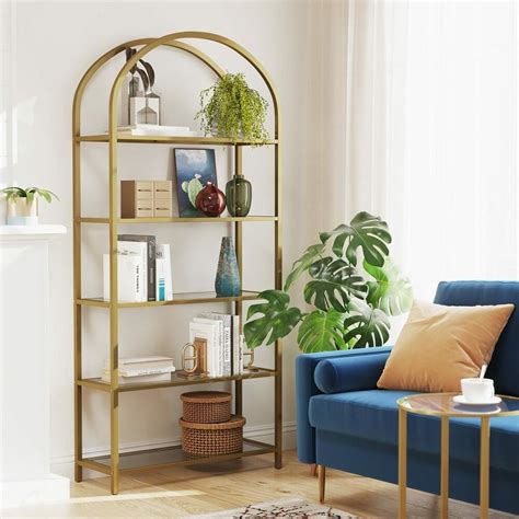 Vasagle 5 Tier Bookshelf Tempered Glass With Gold Metal Frame