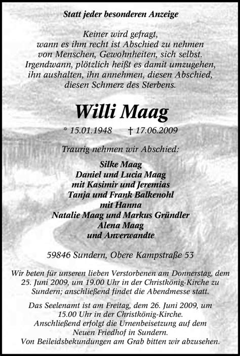 Trauer Und Todesanzeigen Von Willi Maag Trauer De