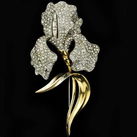 Mb Boucher Gold Pave And Baguettes Bearded Iris Flower Pin