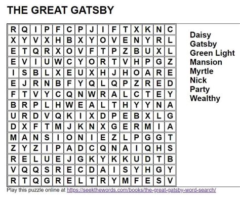 The Great Gatsby Word Search Printable Seek The Words