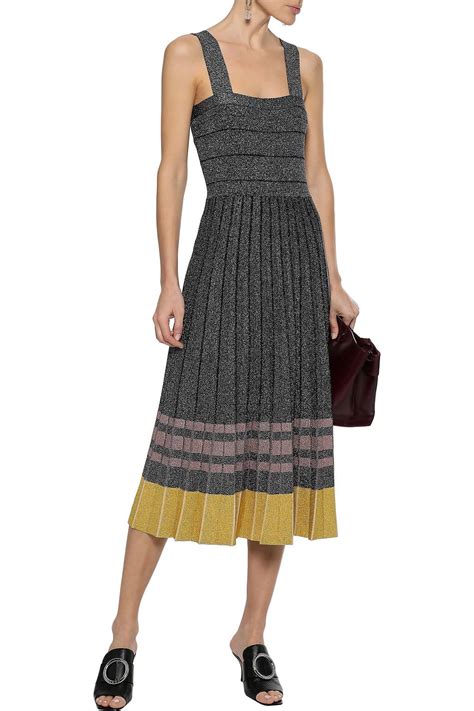 DEREK LAM 10 CROSBY Pleated Striped Metallic Stretch Knit Midi Dress