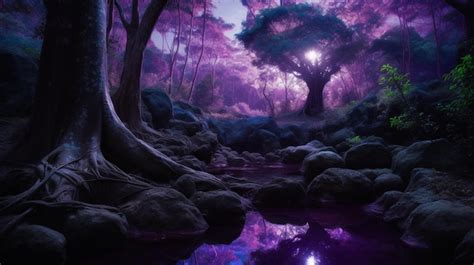 Un Paisaje Morado Con Un Rbol En Medio Foto Premium