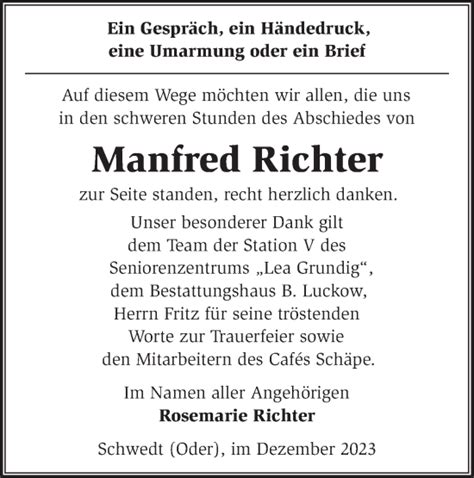 Traueranzeigen Von Manfred Richter M Rkische Onlinezeitung Trauerportal