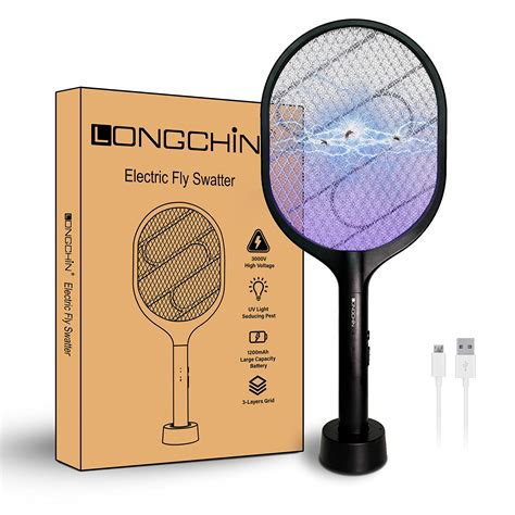 Longchin Bug Zapper Racket Usb Rechargeable Electric Fly Swatter With