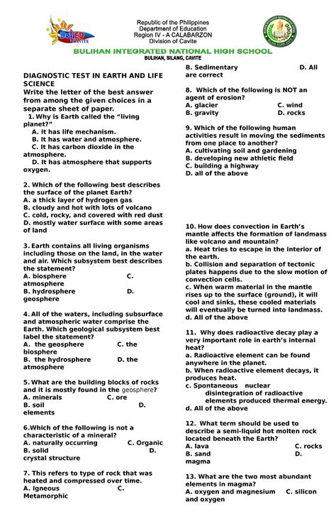 Diagnostic Test In Earth And Life Science Items Diagnostic Test In