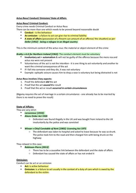 Lecture 1 1 Actus Reus State Of Affairs Omissions Actus Reus
